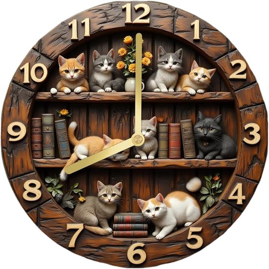 Horloge Murale Chat - Mécanisme Silencieux - 30 cm - Bois - Horloge Ronde Moderne avec Chiffres - Horloge Murale à Motif Félin - Horloge Murale - Pour Salon, Chambre à Coucher, Style Rustique, Bar, Bibliothèque ou Bureau