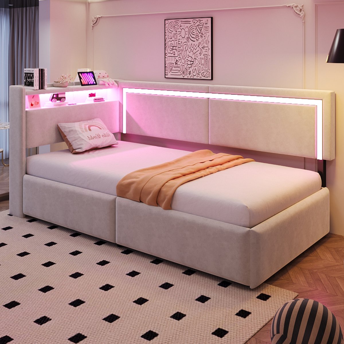 Slaapbank 90x200 cm - met LED-verlichting en USB-oplaadpoort - met opbergruimte - beige - zonder matras