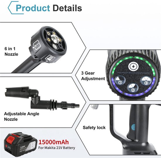 18V Hogedrukwaterpistool - Draadloos - 200Bar - 3500W - Schuimfunctie — afbeelding 3