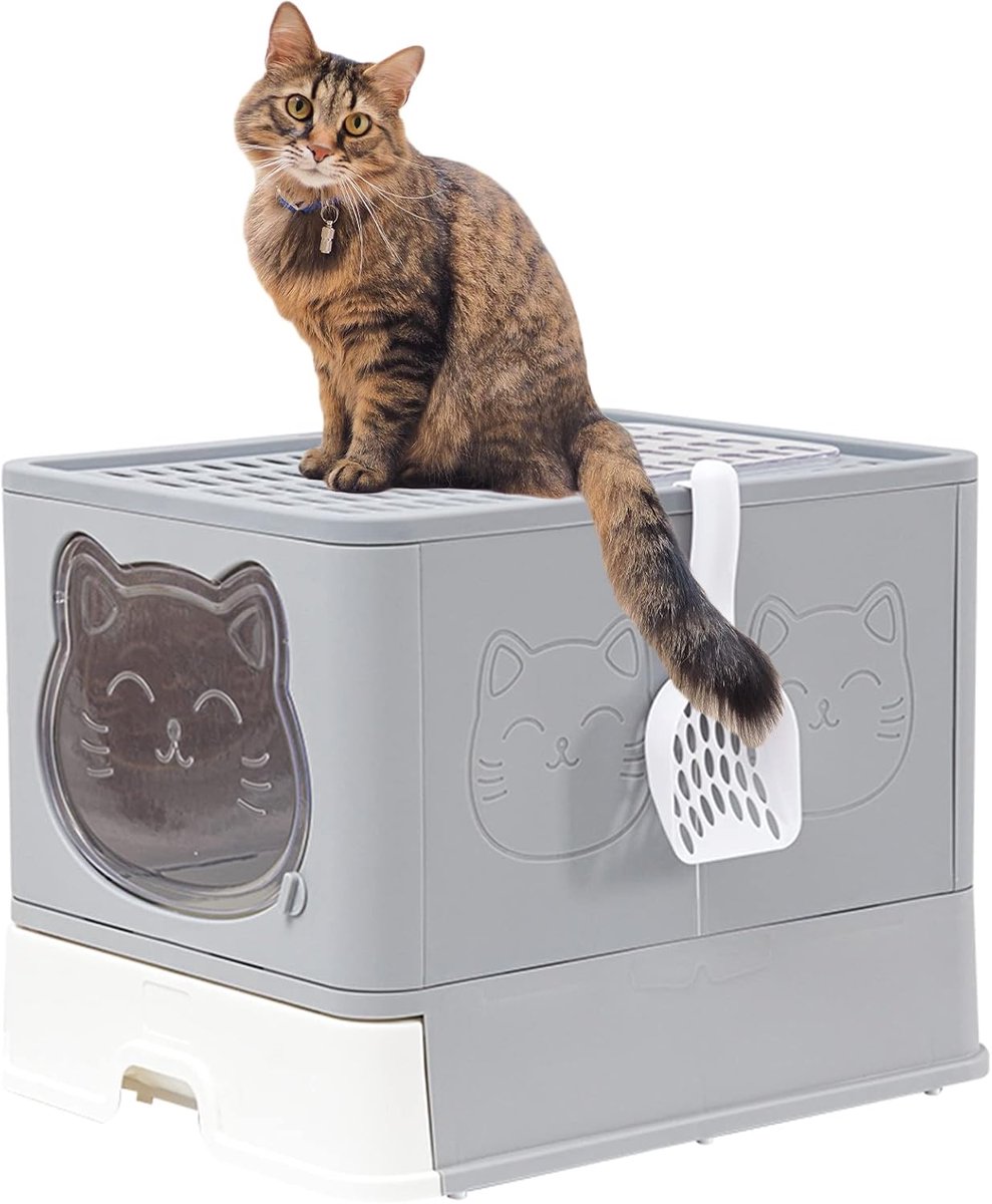 Kattenbak met deksel - Opvouwbaar toilet - Hygiënisch houden - Lade voor reiniging - 50x40x39cm - Grijs