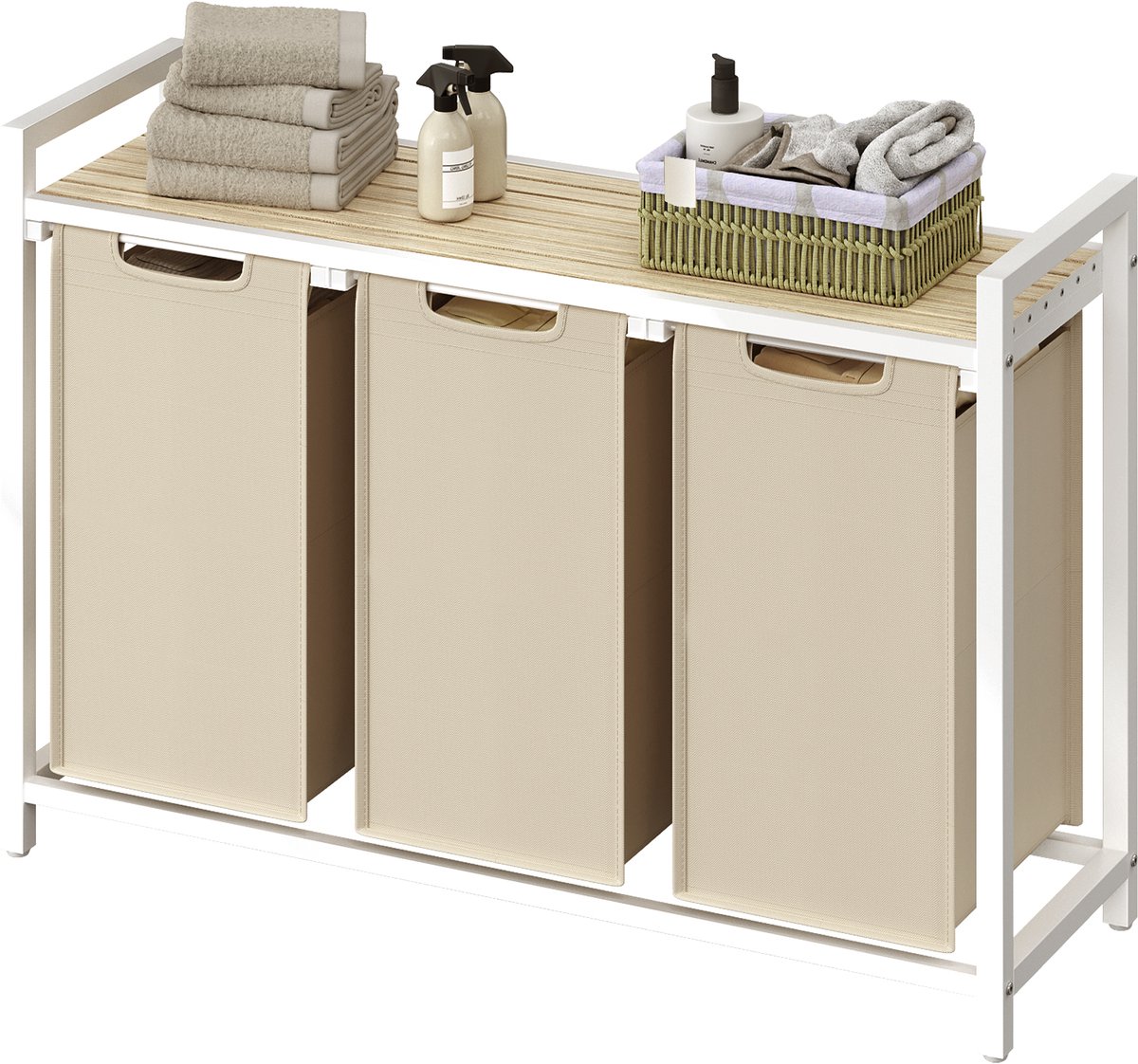 VASAGLE - Wasmand - Wasmand met 3 Vakken - Uittrekbare en Afneembare Waszak - Met Opbergrek