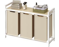 VASAGLE BLH301LH01 - Wasmand met 3 Vakken - Uittrekbare en Afneembare Waszak - Met Opbergrek