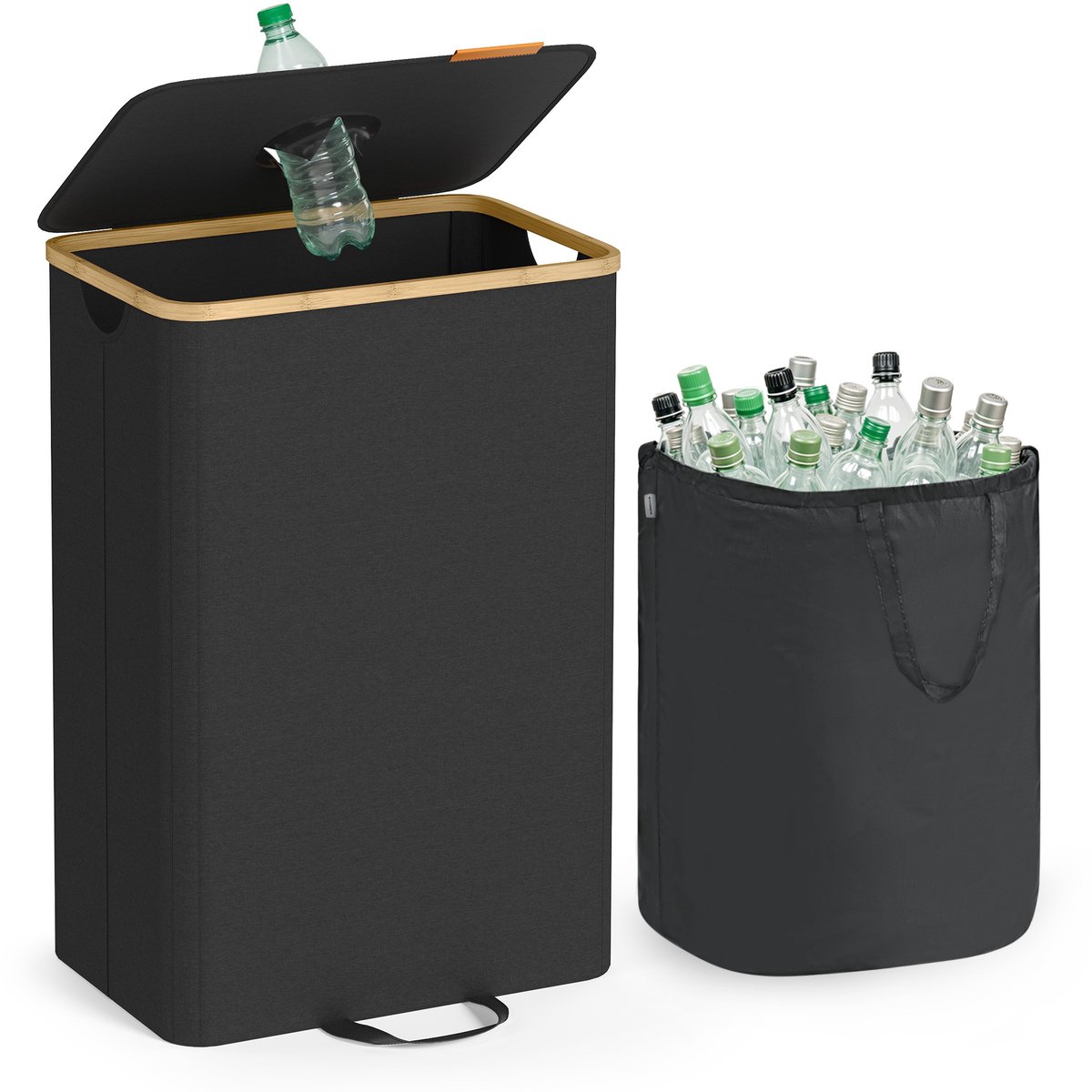 SONGMICS - Wasmand - Flessencontainer - 100 L Recyclingbak met Deksel en Binnenzak - Voor Keuken