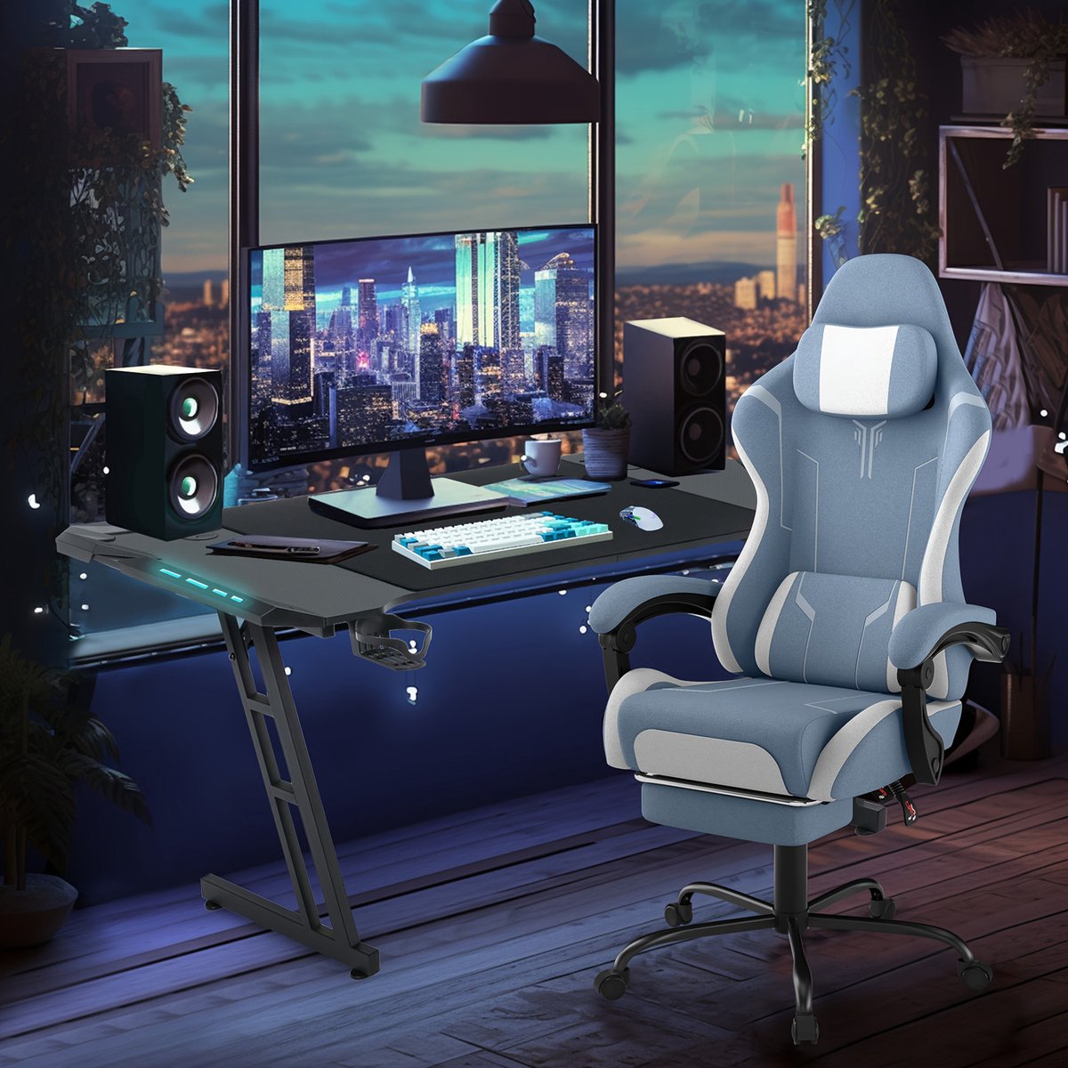 Ergonomische Gaming Stoel met Voetensteun – 135° Kantelbaar – Verstelbare Lenden- & Hoofdsteun – Sponsvulling – Belastbaar tot 150 kg – Bureaustoel voor Gaming & Kantoor – Grijs