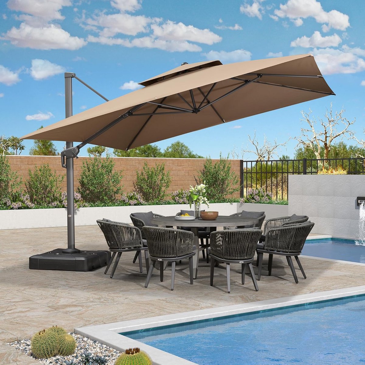 Zweefparasol 365x365 cm XXL Vierkant – 360° Draaibaar, Kantelbaar, Inclusief Parasolvoet, UV50+ Bescherming, Waterafstotend, Dubbel Dak, Aluminium Frame – Beige – Abkantoor