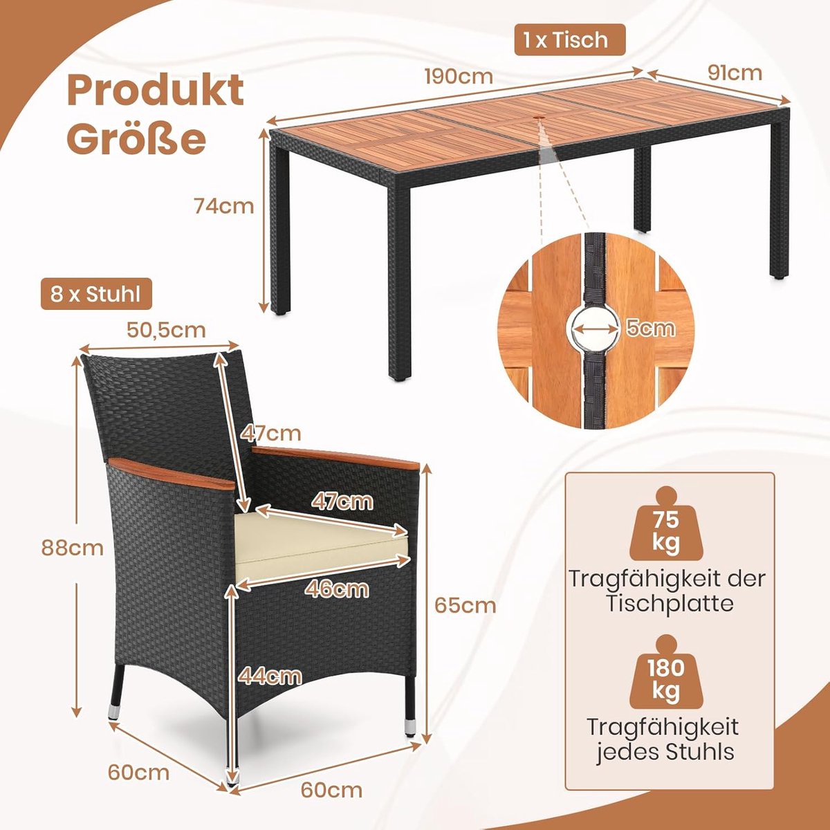 Tuinset 9-delig rotan – Bellavero luxe tuinmeubelset met 8 stoelen en grote tafel – balkon & terras eetset met acaciahouten blad en kussens – weerbestendig zwart