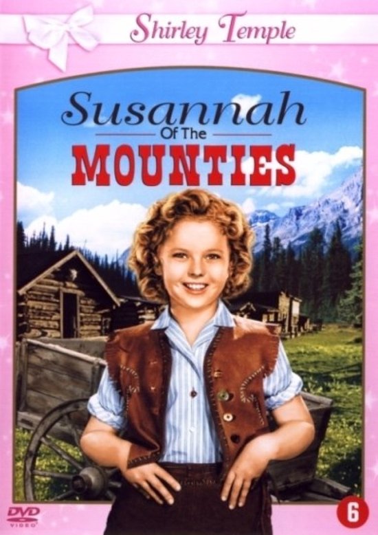 Shirley Temple in 'Susannah of the Mounties' met een bruin vest, gestreept shirt en een houten wagen.