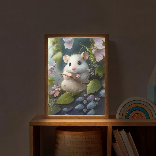 Nachtlampje 30x40 cm - Kinder lamp - Muis - Bos - Bloemen - Illustratie - Bosdieren - Tafellamp kinderkamer draadloos - Slaapkamer lampje - Bedlamp kinderen - Kinderlampje - Wandlamp babykamer - Nachtlampjes van Merkloos — afbeelding 2