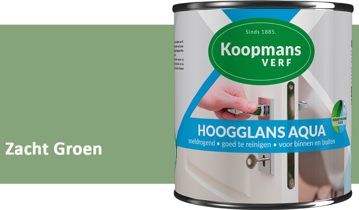 Koopmans Hoogglans Aqua Lak – 750 ml – Zacht Groen – Hoogglans Verf – Sneldrogend & Biobased – Voor Binnen en Buiten – Hout & Metaal