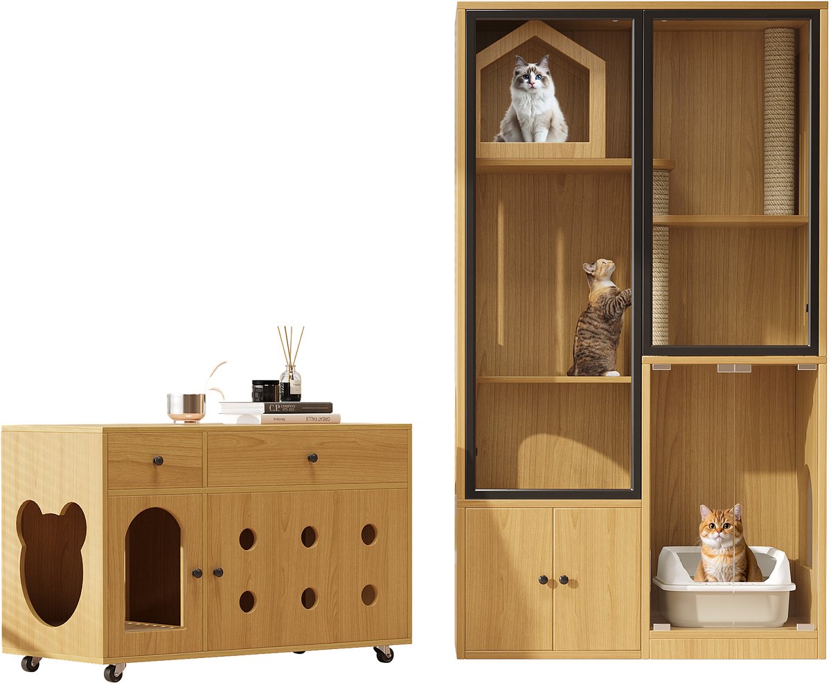 Dierenhuis-Kattenhuis + Katzentoilette Schrank, ROLIPO Haustiermeubel Set, Glas-Kattenhuis, Kattenbak Schrank, Meubel voor meerdere katten - Geel Ahornhout - 432x77x16 cm