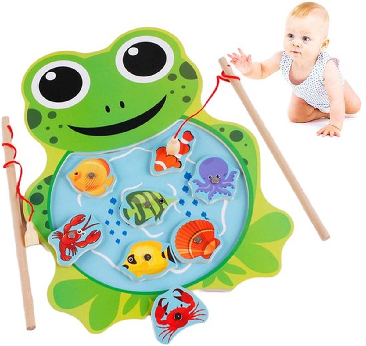 Houten Vis Speelgoed, Magnetisch Visspel, Magnetische Spellen Leerspeelgoed met 2 Vishengels Herken Zeeleven Montessori Speelgoed voor Peuters, Jongens en Meisjes Verjaardag (Kikker)