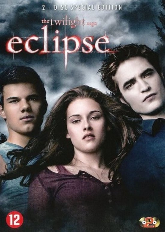 Cover van de film 'The Twilight Saga: Eclipse' met Bella Swan, Edward Cullen en Jacob Black.