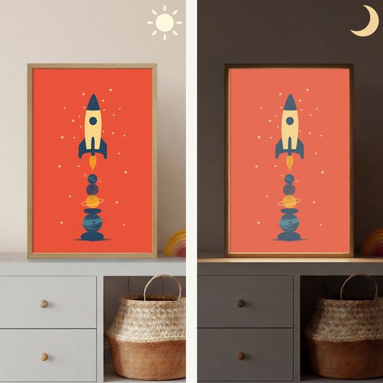 Nachtlampje 40x60 cm - Kinder lamp - Raket - Planeten - Rood - Tafellamp kinderkamer draadloos - Slaapkamer lampje - Bedlamp kinderen - Kinderlampje - Wandlamp babykamer - Nachtlampjes van Merkloos — afbeelding 4