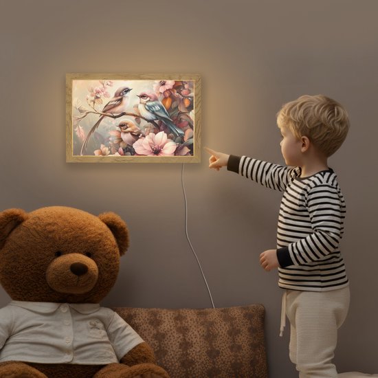 Nachtlampje 30x20 cm - Kinder lamp - Vogels - Bloemen - Roze - Pastel - Tafellamp kinderkamer - Slaapkamer lamp - Bedlamp kinderen - Kinderlampje stopcontact - Wandlamp babykamer - Nachtlampjes van Merkloos — afbeelding 5