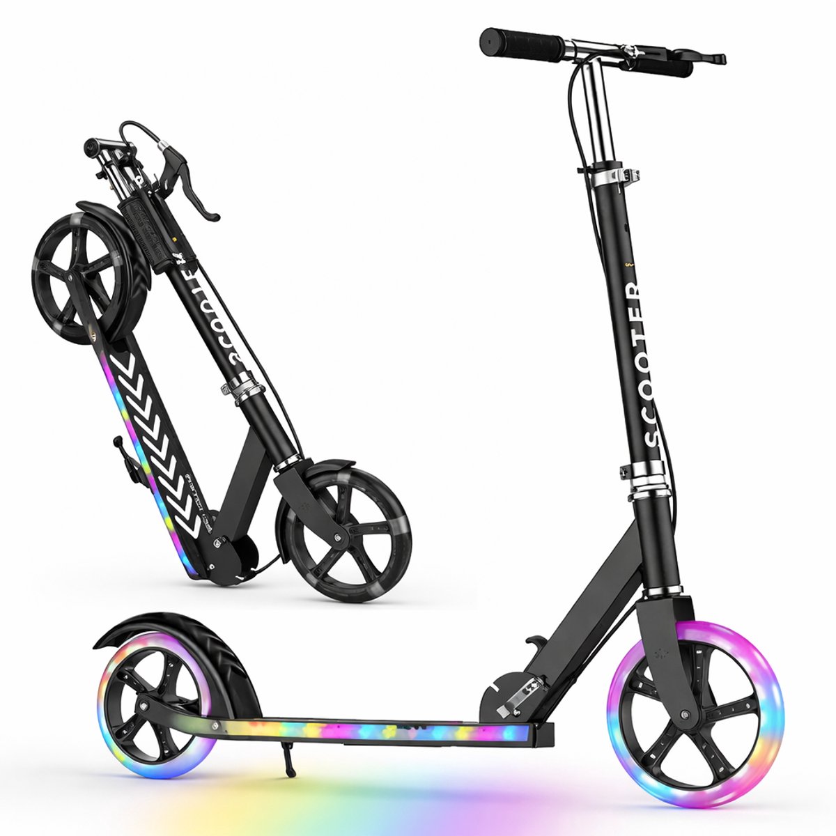 Step-Opvouwbare Step Aluminium-Kinderstep Hoogte verstelbaar Stuur- Antislip wielen-Verlichting- Kinderen en Tieners vanaf 8 Jaar-Zwart