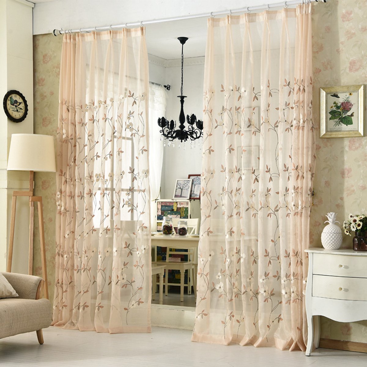 Floraweg halfdoorzichtige gordijnen in rustieke stijl met borduursels; frisse vitrages met bloemenprint voor woonkamers, slaapkamers, balkons en erkers,140x160cm wit