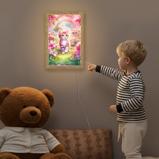 Nachtlampje 20x30 cm - Kinder lampje - Kitten - Roze - Kat - Regenboog - Bloemen - Tafellamp kinderkamer - Slaapkamer lamp - Bedlamp kinderen - Kinderlampje stopcontact - Wandlamp babykamer - Nachtlampjes van Merkloos — afbeelding 5