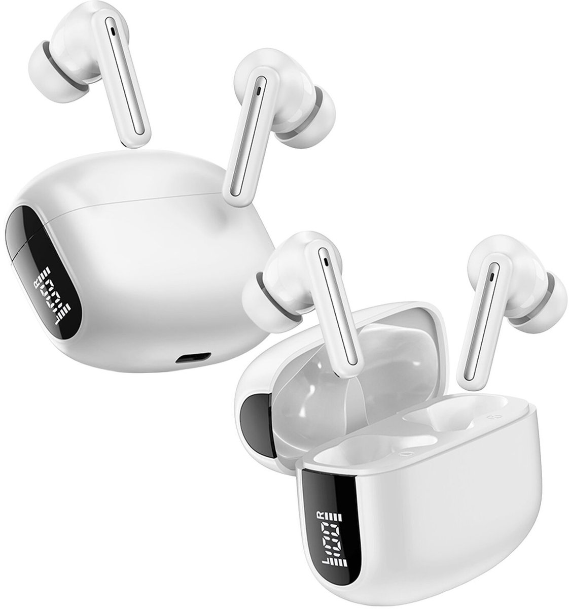 Duo Pack Buddi Pulse Draadloze Oordopjes - Bluetooth Oordopjes - Oortjes Draadloos - Noise Cancelling - LED Display - Met Microfoon - Touch Controls - ANC + ENC - Wit