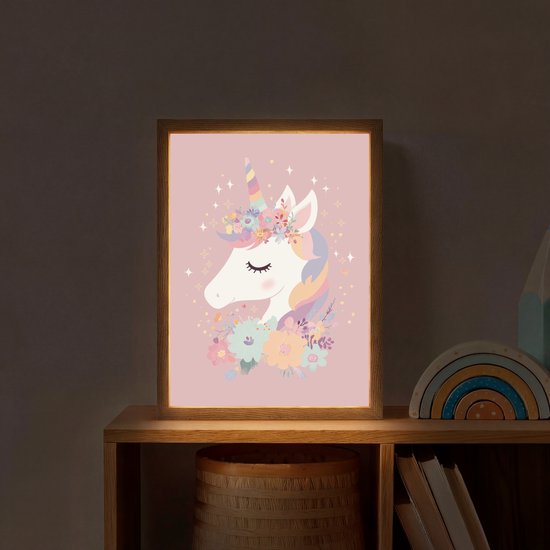 Nachtlampje 30x40 cm - Kinder lamp - Eenhoorn - Roze - Bloemen - Tafellamp kinderkamer draadloos - Slaapkamer lampje - Bedlamp kinderen - Kinderlampje - Wandlamp babykamer - Nachtlampjes van OnlyWow — afbeelding 2
