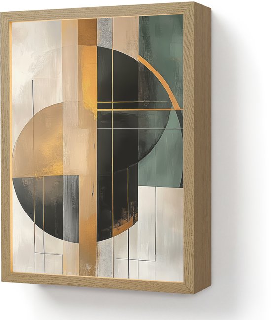 Peinture abstraite aux formes géométriques dorées, vertes et noires, dans un cadre en bois.