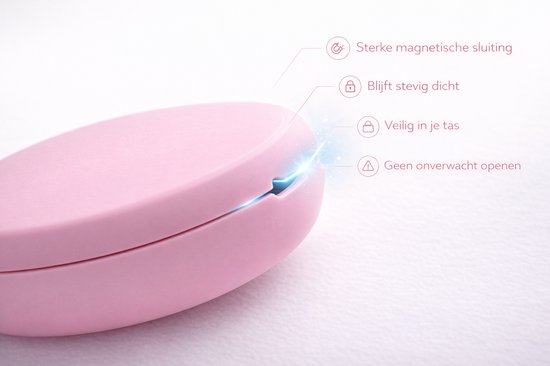 Roze beugendoosje met gesloten magnetische sluiting. Kenmerken: "Sterke magnetische sluiting", "Blijft stevig dicht", "Veilig in je tas", "Geen onverwacht openen".