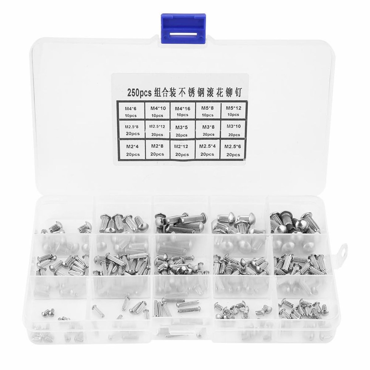 Allecto - Vastliggende-rivets - 250-stuks - Rvs-serratieschacht - Rond - Assortiment-set - Voor stevige verbindingen - Geschikt voor metaal - M2-M5