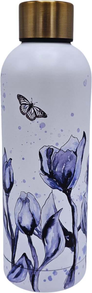 Waterfles - isoleerfles - Wit met blauwe tulpen en vlinder - Typisch Hollands cadeau - Nederlandsegeschenk