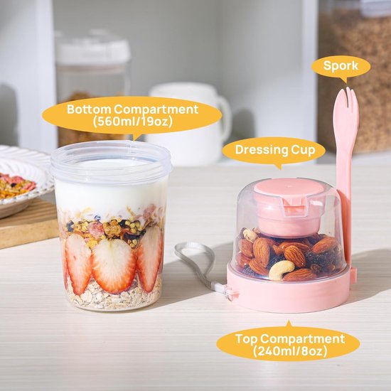 2 stuks Saladebeker - Ontbijtbeker - Yoghurtbeker - Masonbeker - Draagbaar - Met vork - Extern dipsausbakje - Geschikt voor woon-werkverkeer, buitenactiviteiten, kamperen, picknicks - Roze - Blauw - 9*19 cm - 560 ml — afbeelding 4