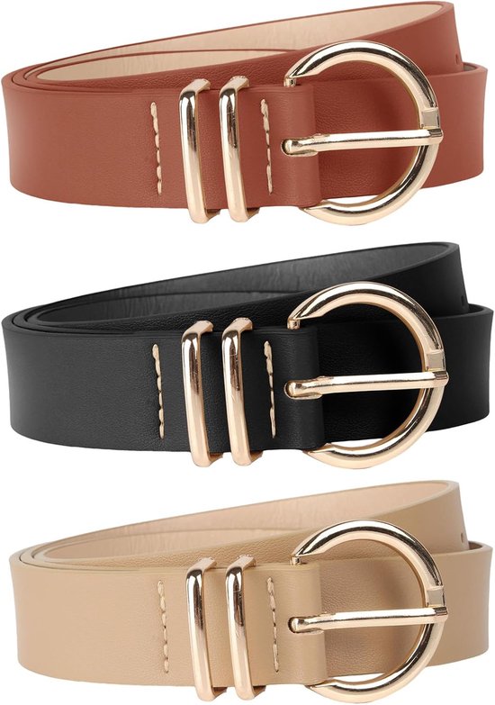 3 pièces Ceintures Femmes - Ceintures Taille Ajustables avec Boucle Dorée - Ceinture de Pantalon - ceintures femmes - pour jeans robes pantalons - Cadeau pour Femmes - Beige, Marron et Zwart - 106 cm