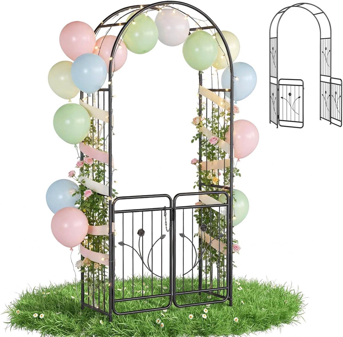 Aufun Rozenboog Met Deur - 220 cm - Metalen Tuinboog Met Rankrooster - Afsluitbare Tuinpoort - Gepoedercoat Staal - Voor Klimplanten, Bruiloft En Tuin, Zwart