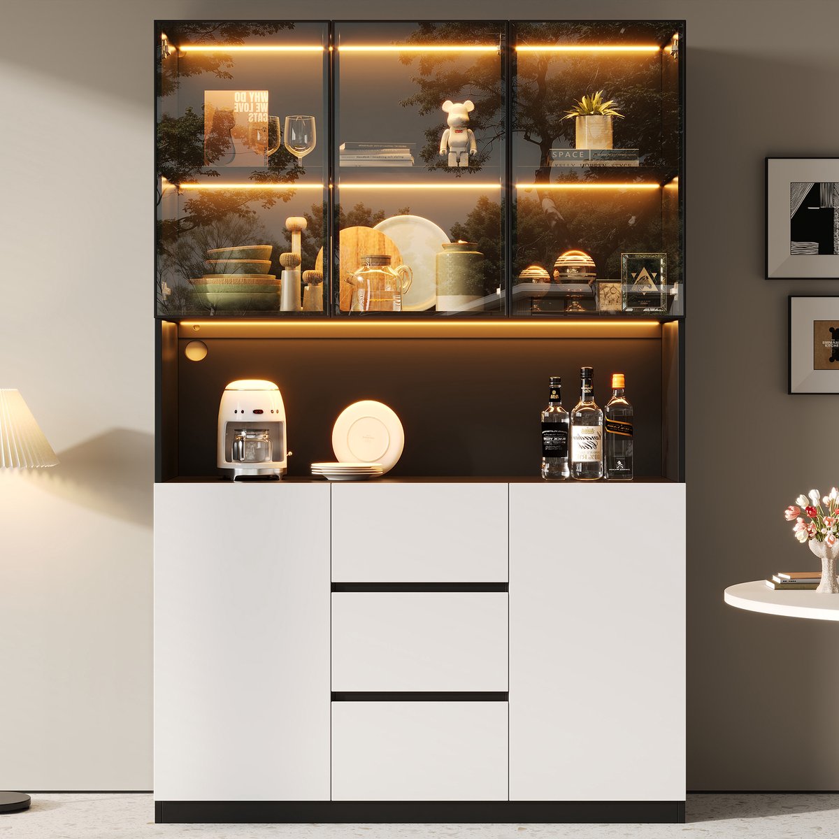 Sweiko Vitrinekast - LED-verlichting - Glazen deuren - 3 lades - Wit + Zwart