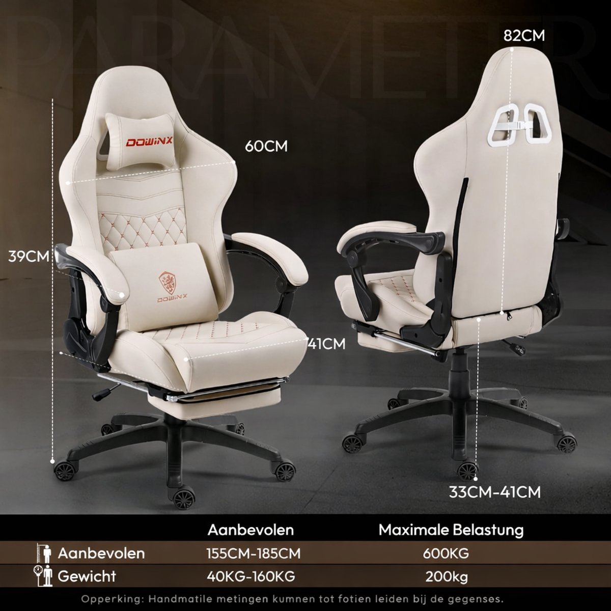 Dowinx Luxe Gamingstoel - Ergonomische Bureaustoel van PU Leer met Boutis-Stiksel, Massage-Lendensteun, Voetsteun, Verstelbare Rugleuning 90°-170°, Tot 200 kg - Wit – foto 6