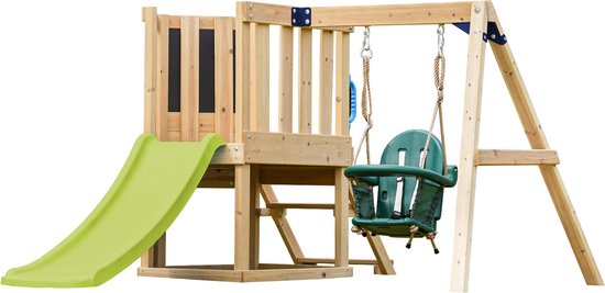 Équipement de jeu AXI Timo Mini avec Balançoire pour bébé, Mur d'escalade et Tableau noir – Toboggan vert citron – Bois FSC – Petit équipement de jeu pour le jardin / extérieur