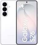 Witte Samsung Galaxy S26 smartphone, met drievoudige camera op de achterkant en het 'Galaxy S26' logo op het scherm.