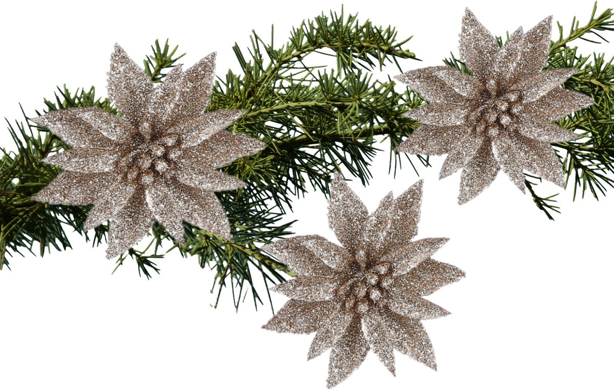 House of Seasons Kerstboom bloemen op clip - 3x stuks - champagne - kunststof - kerstornamenten
