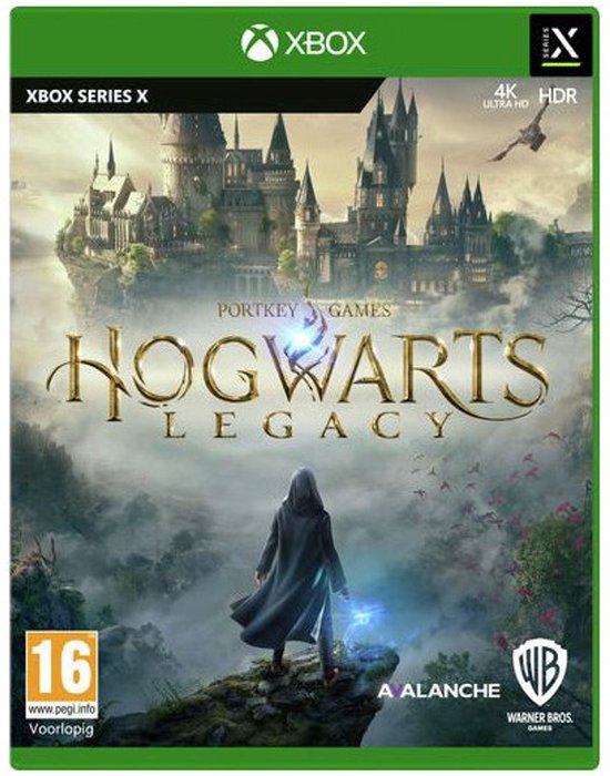 Couverture du jeu Hogwarts Legacy Xbox Series X avec le château de Poudlard et une silhouette dans une cape.