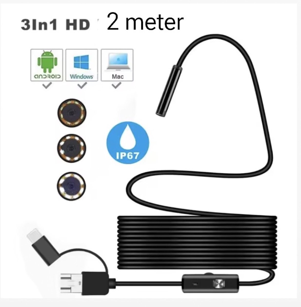 MEDJ geschikt voor USB-C en Lightning Smartphones - Inspectiecamera - Inspectiegereedschap - 8mm kop - flexibele HD - 2M kabel - waterproof - 8 LED Verlichting