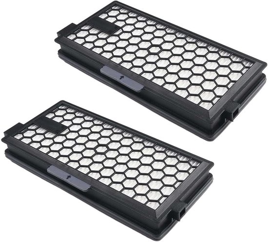 Twee witte HEPA filters met zwart frame en honingraatpatroon, met grijze lipjes aan de zijkant.