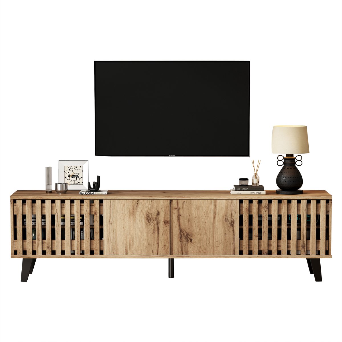 Wishdor Tv-Meubel - 8 Opbergvakken En 4 Deuren - Modern - Voor Woonkamer - Spaanplaat - Naturel Houtkleur - 180 x 40 x 55 cm Natuurhout
