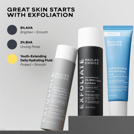 Drie flacons van Paula's Choice skincare producten: een grijze, een zwarte en een blauwe met SPF 50.