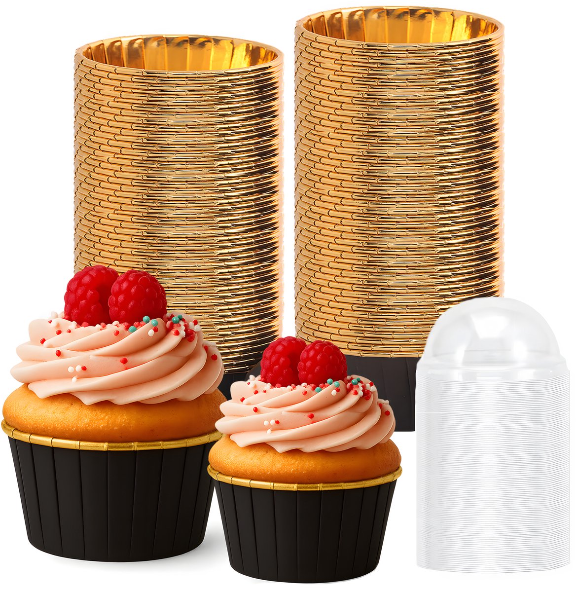 Papieren Muffin Bakjes - 50 stuks - Zwart-goud design - Met transparante deksels - (breedte) 50mm x 40mm (hoogte)