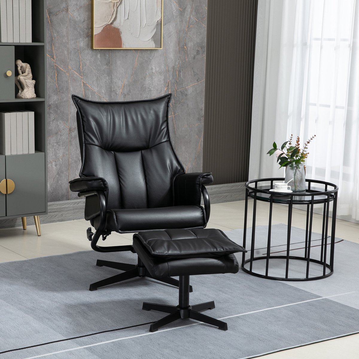 REDOM - Relaxfauteuil Met Hocker - Verstelbare Rugleuning En 360° Draaibaar - Modern - Voor Woonkamer - Kunstleer En Staal - Zwart