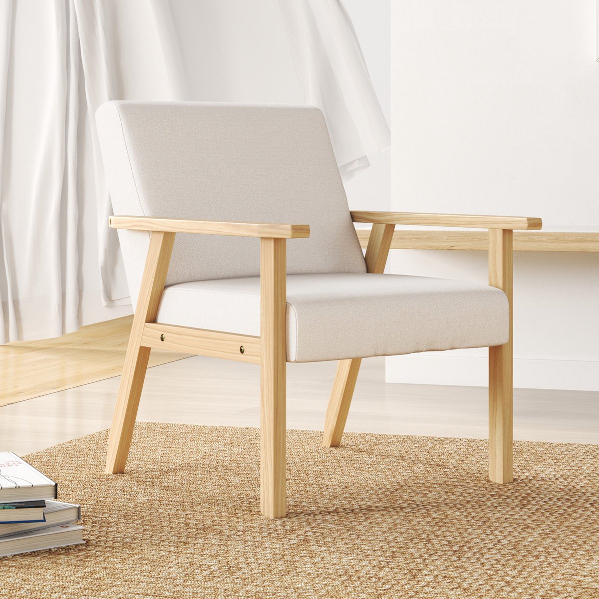 REDOM Fauteuil Met Armleuningen - Houten Frame - Scandinavisch Ontwerp - Linnen - Crèmewit - 64 X 70 X 72 Cm Crème wit