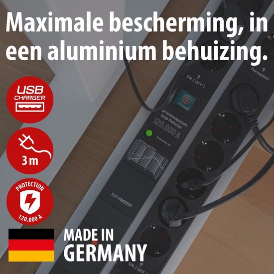 Brennenstuhl 1391010600 Premium-protect-line 60.000a Stekkerdoos Met Overspanningsbeveiliging 6 Voudig 3m H05vv F 3g15