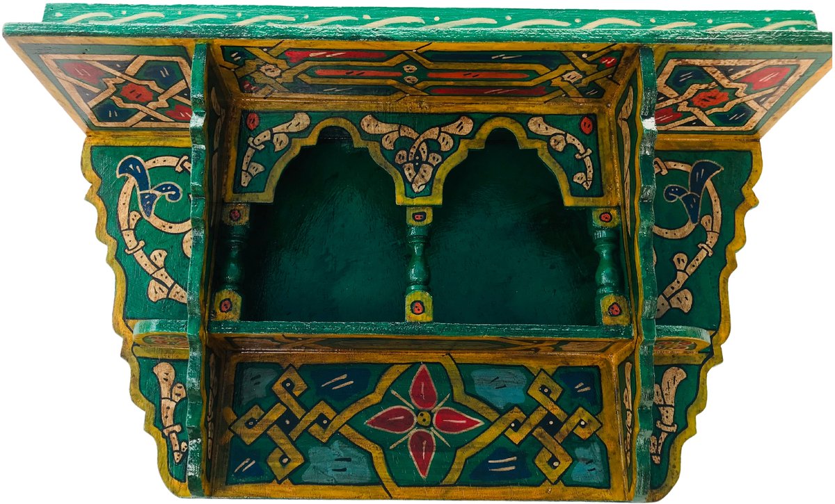 Vintage houten wandrek – kleurrijke handgeschilderde muurdecoratie – originele Marokkaanse wandplank