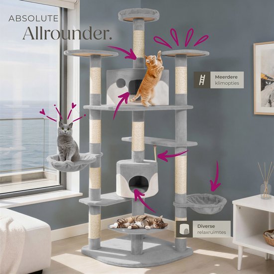 Krabboom Grijs-wit 130 Cm – Met 3 Platforms, 2 Huisjes En Sisalstammen, Voor Meerdere Katten