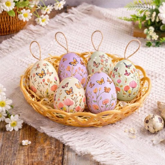 Suspensions De Pâques Dans Panier - Jaune Vert Violet - Pâques - Plastique - Branches De Pâques - Décoration De Pâques - Avec Papillons Et Fleurs - Joyeux - Décoration Festive - 6 Œufs De Pâques