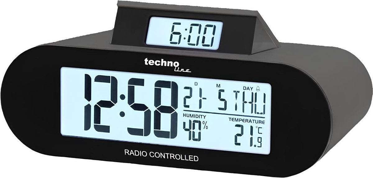 Technoline WT 376 – Wekker – Digitaal – Radiogestuurde tijdsaanduiding – Achtergrondverlichting – Snooze – Alarm – Datumaanduiding – 12/24 – Luchtvochtigheidsaanduiding – Binnentemperatuur – Afgerond rechthoekig design – Zwart - Grijs – 150x 55 x73