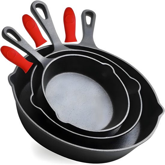 HI NATURE™ Koekenpannen - Gietijzeren Pannenset 3 - Skillet Cast Iron - Pannen Incl Siliconen Handvaten - Hapjespan - Bakpannensets - BBQ & Inductie Pan - Zwart