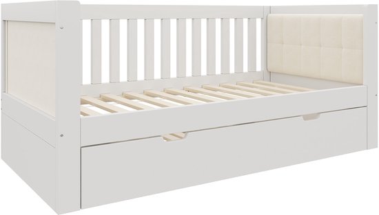 Witte slaapbank met uittrekbaar bed, stoffen hoofdeinden, lattenbodem en lade.